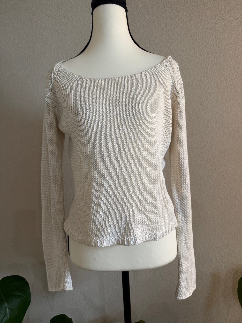 J.Crew 100% Cotton Knit Sweater L Fits S Ivory Boat Neck Openwork Coastal